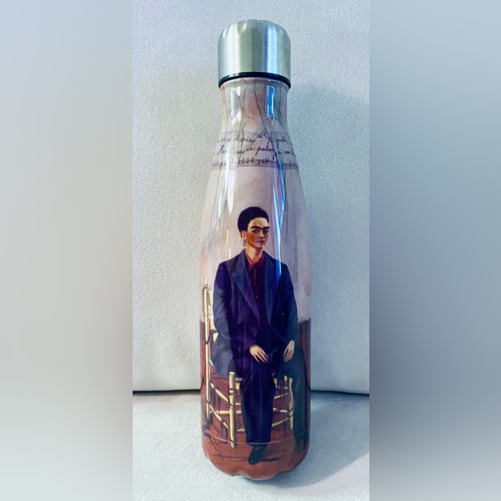 Frida Kahlo themed insulated steel water bottle.